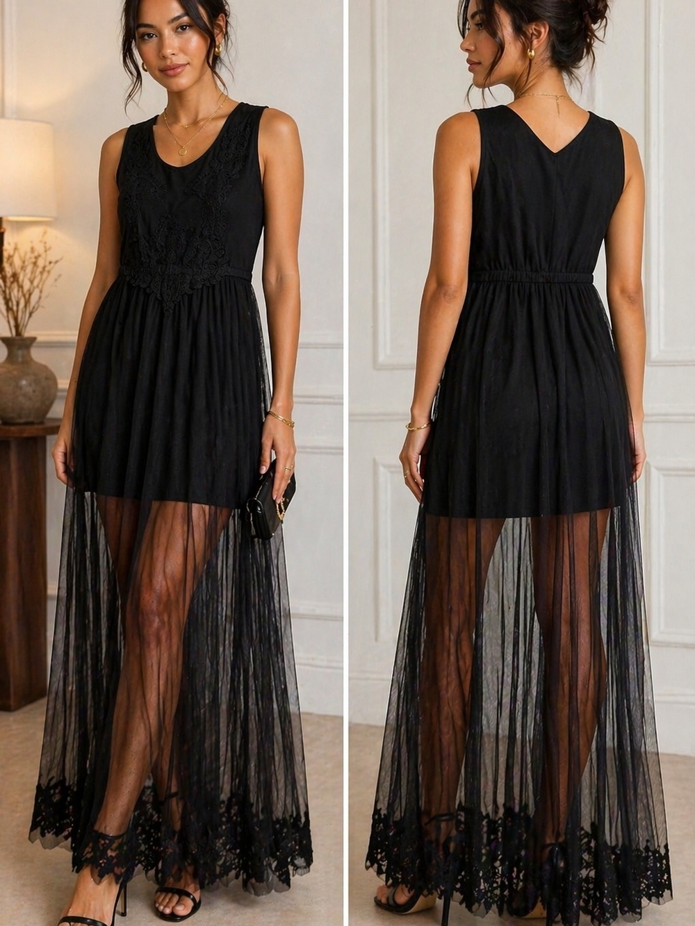 Hazel Black Sheer Maxi Dress Y2k Style Lace Overlay Size M Fairy Goth IndySleaze